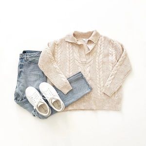 Polo Collared Cable Knit Sweater